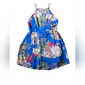 HYFVE Blue Floral Dress with Red and Green Accents Adjustable Straps,Open Back
